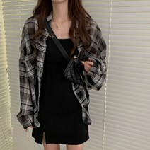 셀럽하우스 여성 끈나시 원피스 루즈핏 체크 셔츠 세트 코디