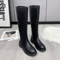 여자 부츠 겨울 패션 허벅지 높이 롱 플랫 로우 힐 니 하이 부드러운 가죽 스퀘어 토 파티 슈즈