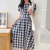 옷자락 여자 고방 깅엄 체크 퍼프소매 플레어 투피스 원피스