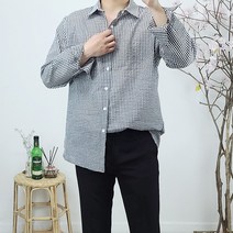 남자 시원한 여름 고방 잔체크 시어서커 린넨 셔츠 남방
