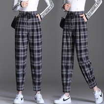 스키니진 밴딩웨스트 스트랩 체크무늬 배기 팬츠 봄가을 와이드 루즈핏 캐쥬얼 여성 4109084766