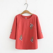 여름 중년 면 린넨 에스닉 반팔 티셔츠 여성 어머니 의류 40-50대 통기성좋은 옷-77514