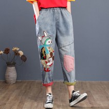 여성 와이드 데님 7부 팬츠 여름 얇은 캐릭터 자수 배기팬츠 청바지