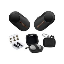 소니 WF1000XM3 트루 와이어리스 노이즈 캔슬링 이어버드 헤드폰 블랙 미국 보증 하드쉘 여행 보관 케이스 소음 차단 메모리 폼 및 실리콘 팁 번들 포함 3개 품목 194840, Black
