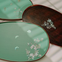 옻칠 자개 라운드 쟁반 트레이 파인다이닝 국내생산, 보자기포장, 브라운복숭아
