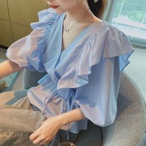 [이꾸띠] 오히피에누리 여성 봄 가을 스트라이프 브이넥 프릴 칠부소매 블라우스