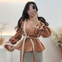 비니케이즈 무배 브이넥 랩 레이스프릴 허리밴딩 리본스트랩 허리끈 블라우스 벨벳트리밍 겨울하객룩