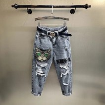 [Myshe]여성 캐릭터 데님 팬츠 9부 찢청 청바지 3Q425LTT325NJ08