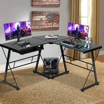 L자형 컴퓨터 책상 강화유리책상 키보드트레이 포함 코너형 컴퓨터 테이블 사무실 PC 게이밍 책상 학생 서재 사무용 테이블, 블랙 투명