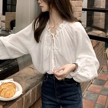 무디 셔링 콩단추 벌룬 블라우스