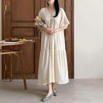 다잇템 [다잇템] 여자 엠파이어 Y넥 박시핏 잔주름 반소매 임부 원피스