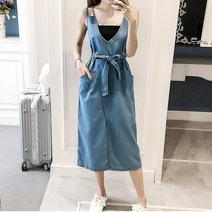 하나뿐인걸 리본 데님 원피스 청 뷔스티에 민소매 나시 여름 롱 면 멜빵