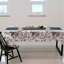 디케이홈 데코 플라워 6인용 식탁보 린넨 테이블보, 6인용 직사각형(210x130cm), 백아이보리 바탕에 핑크 플라워