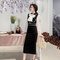 바보사랑 왕리본 벌룬 소매 블라우스 배색 슬림핏 H라인 원피스.라라리빠
