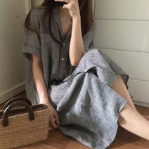 S11661 시원한 줄무늬 카라V넥 루즈핏 롱 반팔원피스
