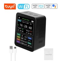 공기질 측정기 복합가스측정기 tuya wifi 지능형 대기 질 감지기 pm2.5 co2 tvoc hcho 온도 습도 6 in 1 co2 감지기 앱 리모컨보기, 검은색