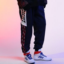 바우스트 힙한바지 사이드 배색 레터링 나염 레드 라인 네이비 조거팬츠