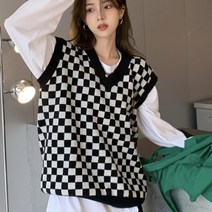 안녕릴리 여성 박시핏 브이넥 체크패턴 니트 베스트