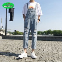 SHENGBO남자 데님 점프슈트 빅사이즈 데님 캠핑 멜빵바지 남 점프슈트 여름 패션 와이드 카고바지 남 일자 찢바지