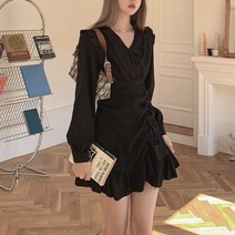 넷투넷코리아 여성 V넥 미니원피스 긴팔 셔링 슬림핏 기본 데일리룩