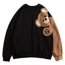 크롭 후리스 후드 여성 곰 자수 플리스 숄더 슬리브 스웨트 셔츠