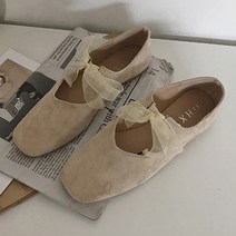 명브띠 여자 레이스 리본 스퀘어 플랫슈즈