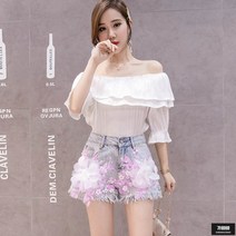 가바바 여성 청반바지 플라워 밑단 테슬 여름 데님반바지 G46825