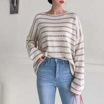오오엘 여성용 오버핏 스트라이프 입술넥 말림 리블리 보트넥