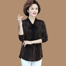 ALIPANG 알리팡 중년여성 티셔츠 브이넥 리본넥 봄 블라우스 물결무늬 반짝이 스팽글 긴팔셔츠 데일리 하객룩 모임룩 니트티 엄마룩 빅사이즈 스트라이프 이너 블링블링 정장셔츠