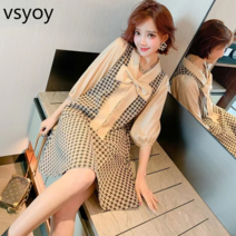 vsyoy 우아한 와리 머신 Houndstooth 스티칭 리본 활 느슨한 드레스 여성의 봄 새로운 스타일