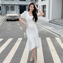 주름 허리 브이넥 프릴 밑단 퍼프 미디스커트 원피스 여름 자매 스커트