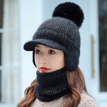 2종세트 겨울 여성 골프 털 모자 니트 캡 여자 연습복장 귀도리 이어워머 넥워머 세트, 블랙 세트, ONE SIZE