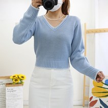 헤이뽀 / 써잇 배색 브이넥 여자 크롭 긴팔 니트 4컬러