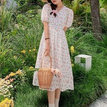 잇츠스타일 여성 브이넥 반팔 꽃무늬 2COLOR 슬림 퍼프 미디원피스