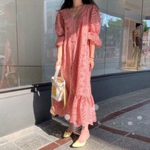 3색 V넥 레이스 펀칭 반팔 롱원피스 복고 치마 여유 3040