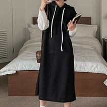 로로텐 골지 배색 후드 롱 원피스 스판 무지 긴팔 루즈핏 빅사이즈