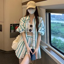 캐주얼 해변 휴가 복장 여성 여름 위아래세트 여행지룩 스프라이트 반바지 세트