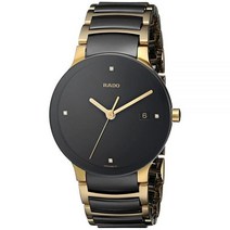 Rado 남성용 R30929712 Centrix Jubile 골드 도금 스테인리스 스틸 팔찌 시계 블랙 / 골드 쿼츠 무브먼트