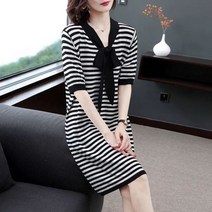 패션고리 여성 브이넥 리본 줄무늬 반팔 원피스 Q519