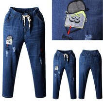 애니진 여성용 여름 귀여운 자수 배기 청바지 8030