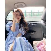 블루 퍼프소매 플레어 원피스