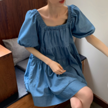 [모노위크] [당일배송] 다비드 캉캉 스퀘어넥 셔링 퍼프 플레어 미니 데님원피스