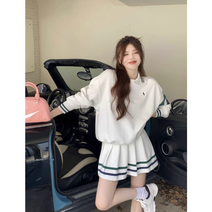 JUSTFEELING 스트라이프 트레이닝 상하의 셔츠넥 맨투맨 미니 스커트 빅사이즈 여성 투피스 세트