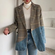 데블리 체크 데님배색 블레이져 자켓 레이어드룩 캐주얼 걸리시 빈티지룩 코디자켓