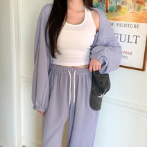 여자 연보라 분홍색 슬림 벌룬긴팔 볼레로 가디건