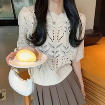 아이비 니트 라운드넥 반팔 스웨터 탑