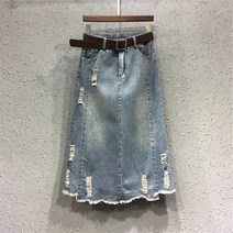자칠 빅사이즈 여성 데미지 청 데님 H라인 롱 스커트