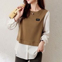스타일아유 깔끔한 여성 쉬폰 배색 퍼프소매 러블리 루즈핏 라운드 여자 맨투맨 티셔츠 데일리