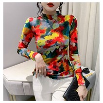 미미투 BT1852 여성 컬러풀쫄티 타이트핏 스판긴팔티 꽃무늬 반목