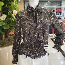 [임페리얼] 딥 그린 레오파트 패턴의 리본 탈부착 가능하며 넥과 소매 밑단에는 셔링 디테일로 여성스러운 가을 블라우스 PTA8301 인천논현, 90, 다크그린